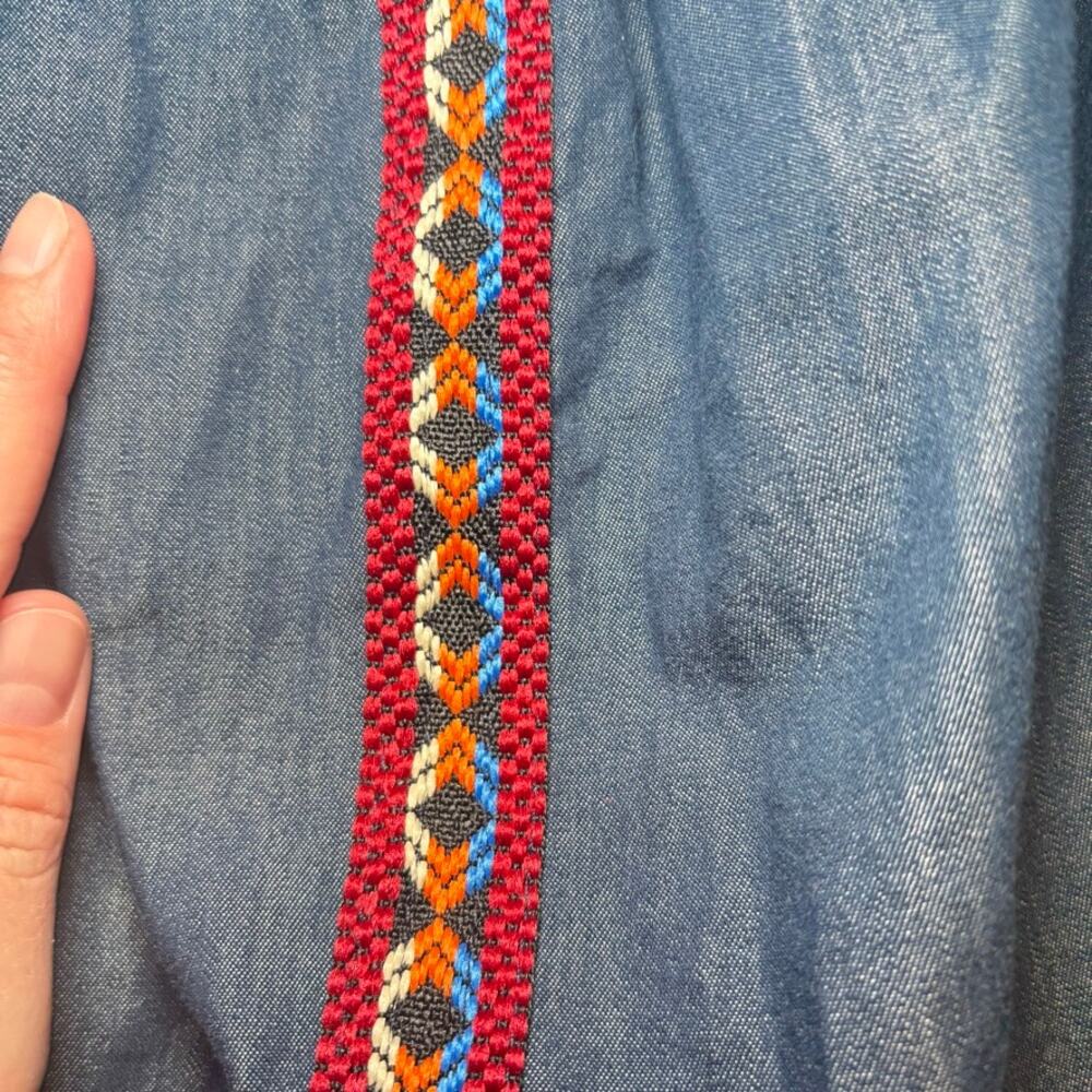 A'GACI Denim Off Shoulder Peasant Blouse Small Bell Sleeve Aztec Embroidery - Picture 3 of 9